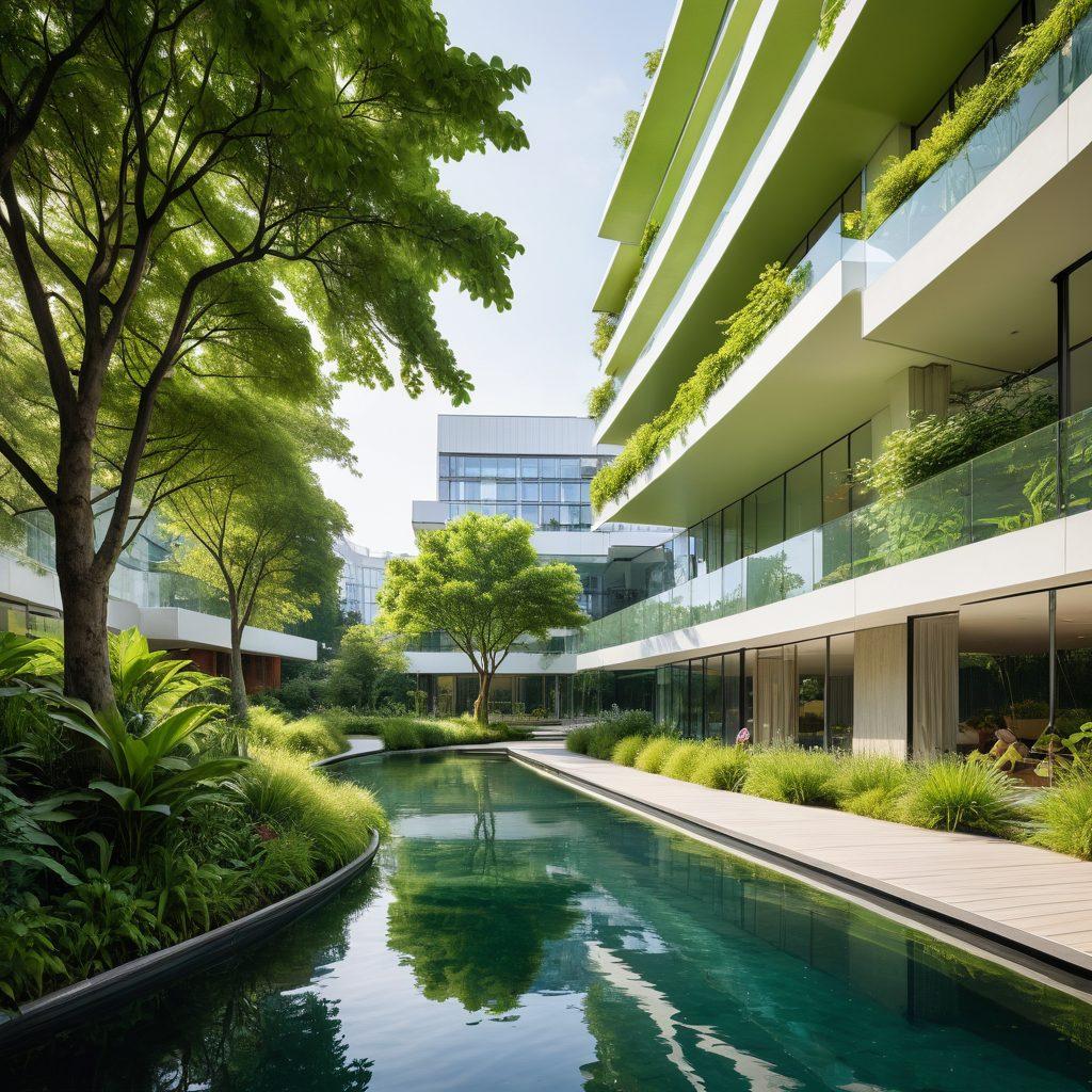 A serene urban landscape showcasing a harmonious blend of innovative architecture and nature, featuring calming green spaces, flowing water elements, and people engaging in mindfulness activities like yoga and meditation. The buildings should embody resilience with unique designs that inspire strength and stability, surrounded by soft, nurturing light. super-realistic. vibrant colors. white background.