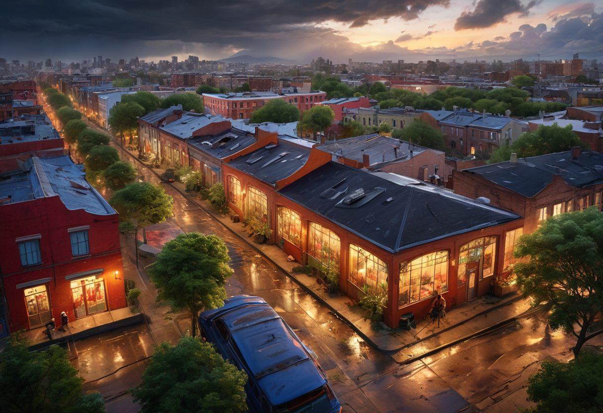 A vibrant cityscape depicting a transition from a gloomy, neglected urban area to a lively, flourishing neighborhood, filled with greenery, community spaces, and happy people. The left side shows dreary buildings and empty streets, while the right side bursts with color, showcasing parks, murals, and bustling markets. Sunlight breaks through clouds, illuminating the transformation. super-realistic. vibrant colors. 3D.