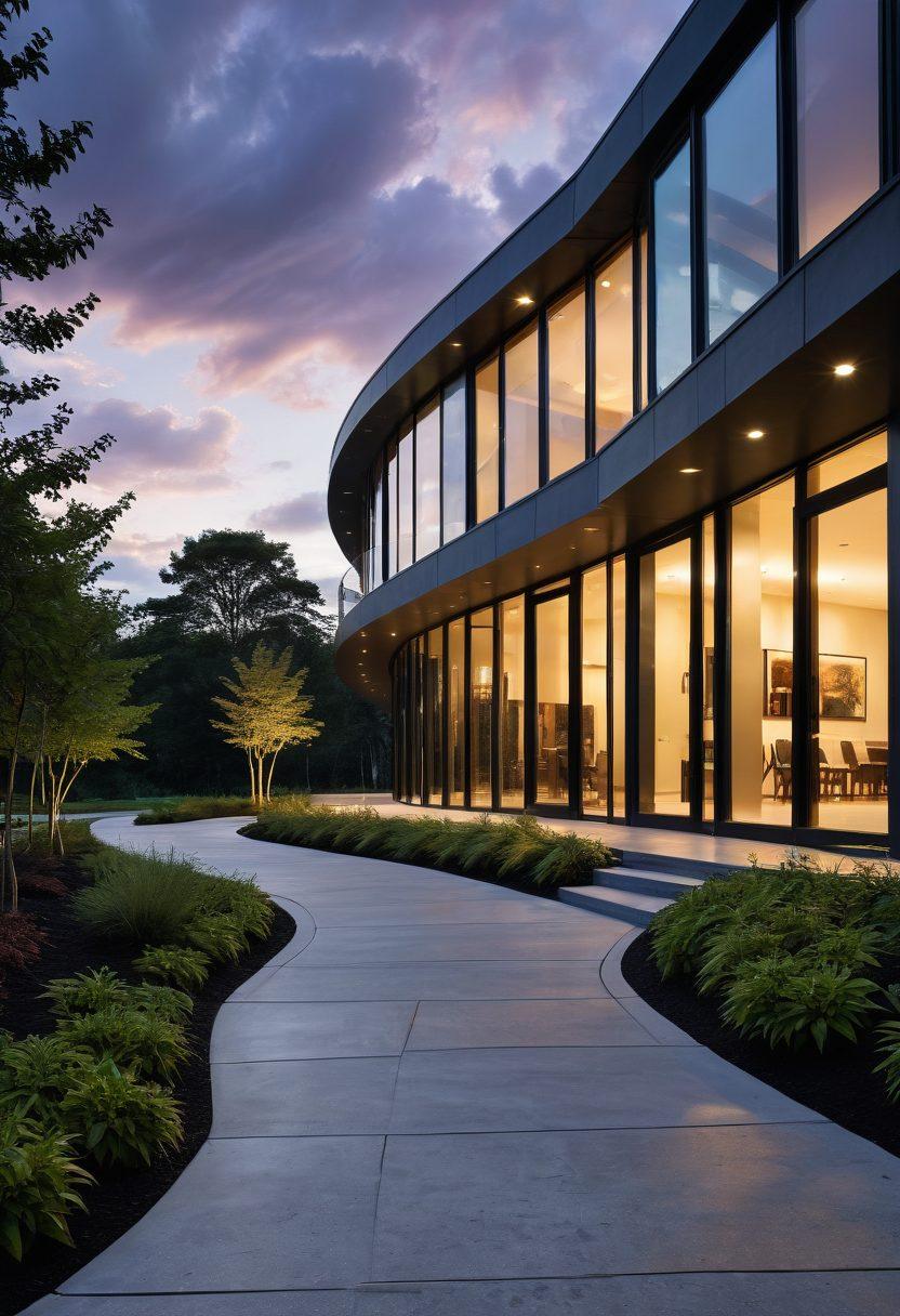 A striking contrast of light and shadow showcasing a modern building with large windows, emanating a warm glow amidst a gloomy, overcast sky. Surrounded by lush greenery, a pathway leads to the entrance, symbolizing hope and healing. Subtle expressions of joy from diverse people walking towards it. The architecture should evoke a sense of calm and upliftment. surrealistic. muted colors with bright accents.
